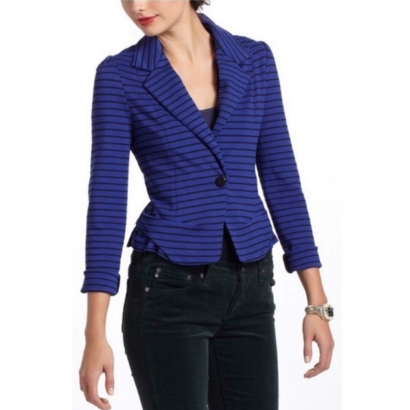 Cartonnier for Anthro, knit striped black & blue tailored, fitted blazer - Picture 3 of 16